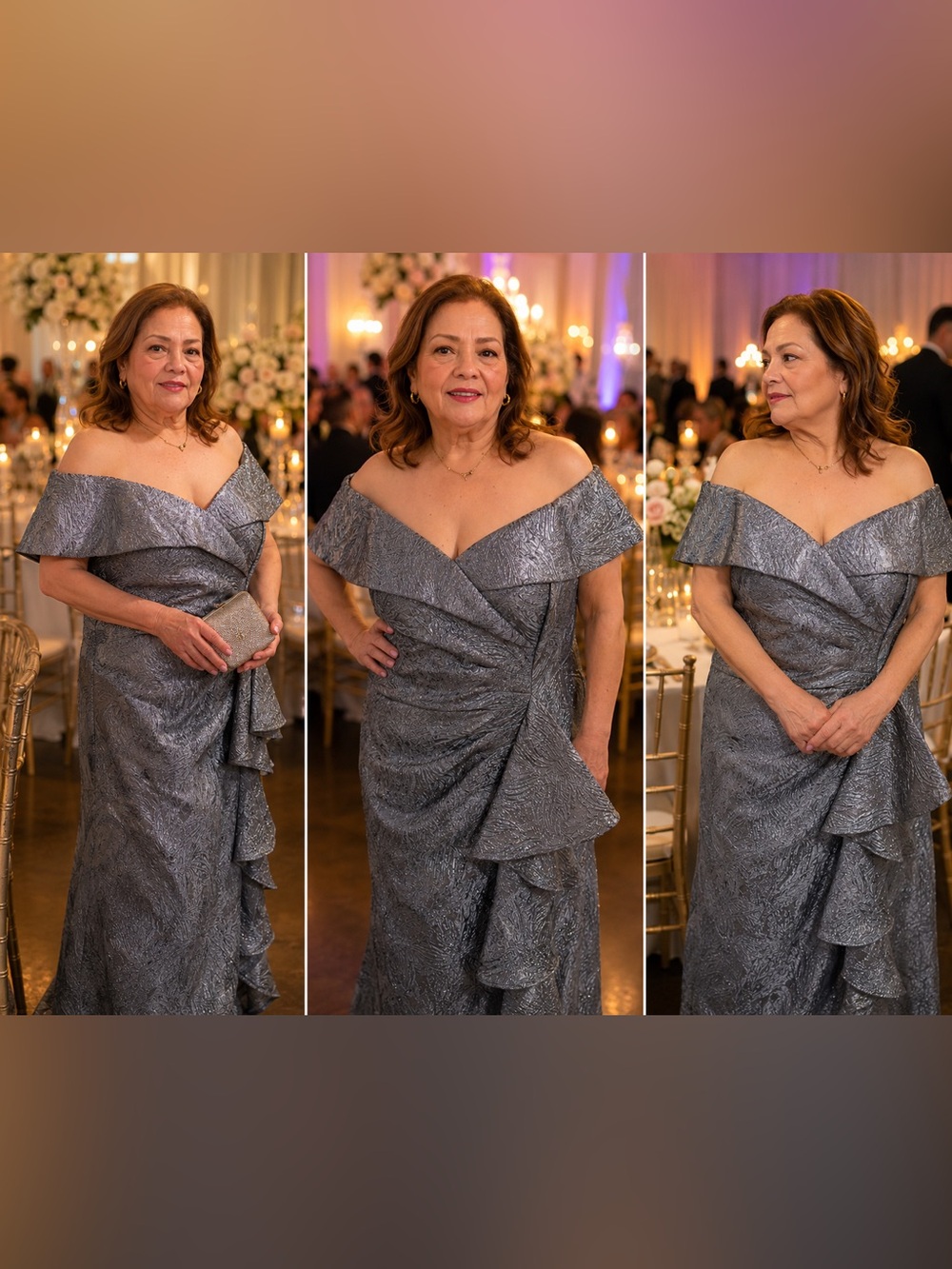 Xscape Metallic Slate Blue Off-Shoulder Ruffle Maxi Dress